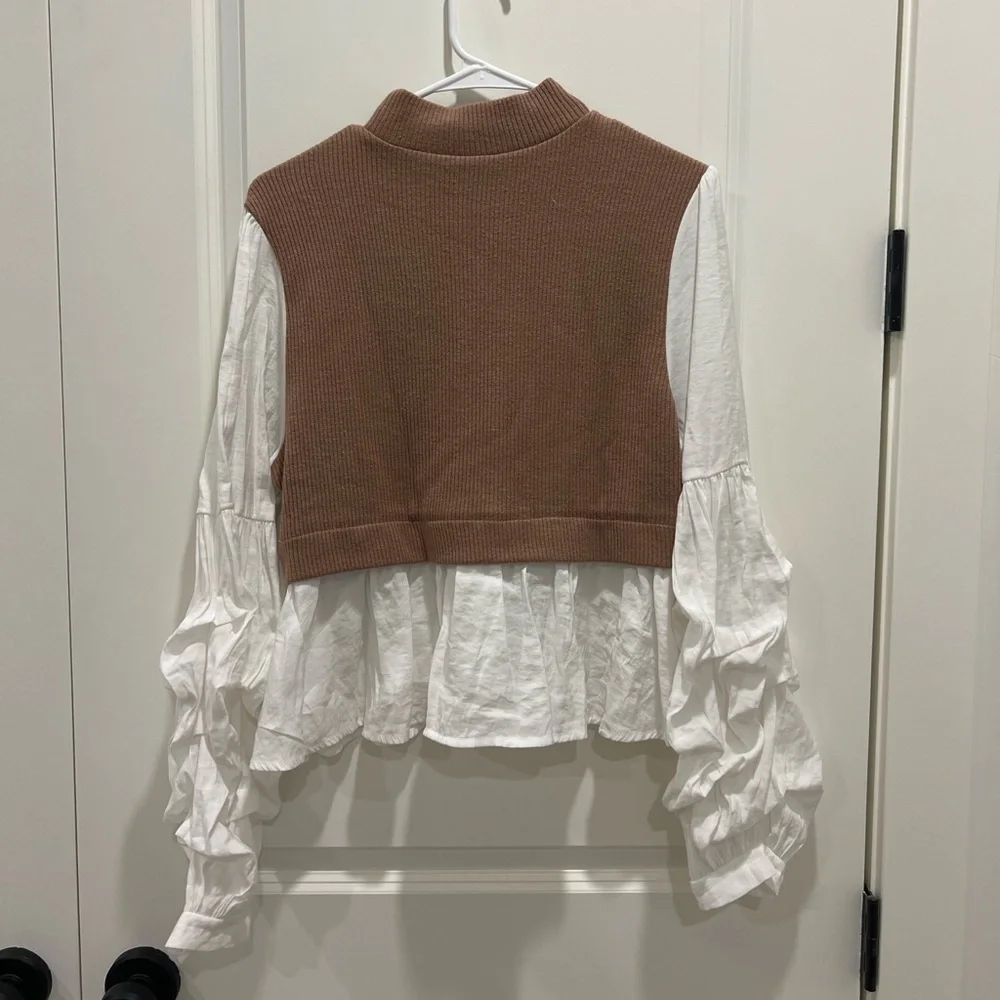 Anthropologie Peplum Sweater Top Size L Brown Ribbed Knit Ruffle Sleeve Blouse